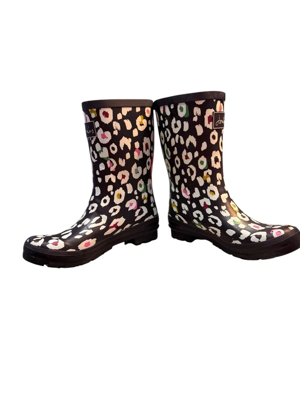 Joules Molly Welly Navy Rain Boots with Multicolor Leopard Spots, Sz 9, EUC
